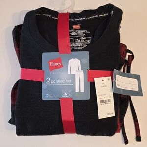Hanes Men's 2-pc Sleep Set L. Black Waffle Top Red Black Plaid Bottoms NWT